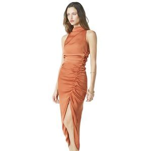 NWT Leanna Satin High Neck Sleeveless Ruched Side Slit Asymmetric Midi Dress, S